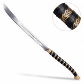 High Elven Warrior sword prop replica close-up of black leather spiral grip with gold Elvish leaf fern motif bands and large ornate gold triangular fan-shaped pommel on mossy rock – LOTR display collectible