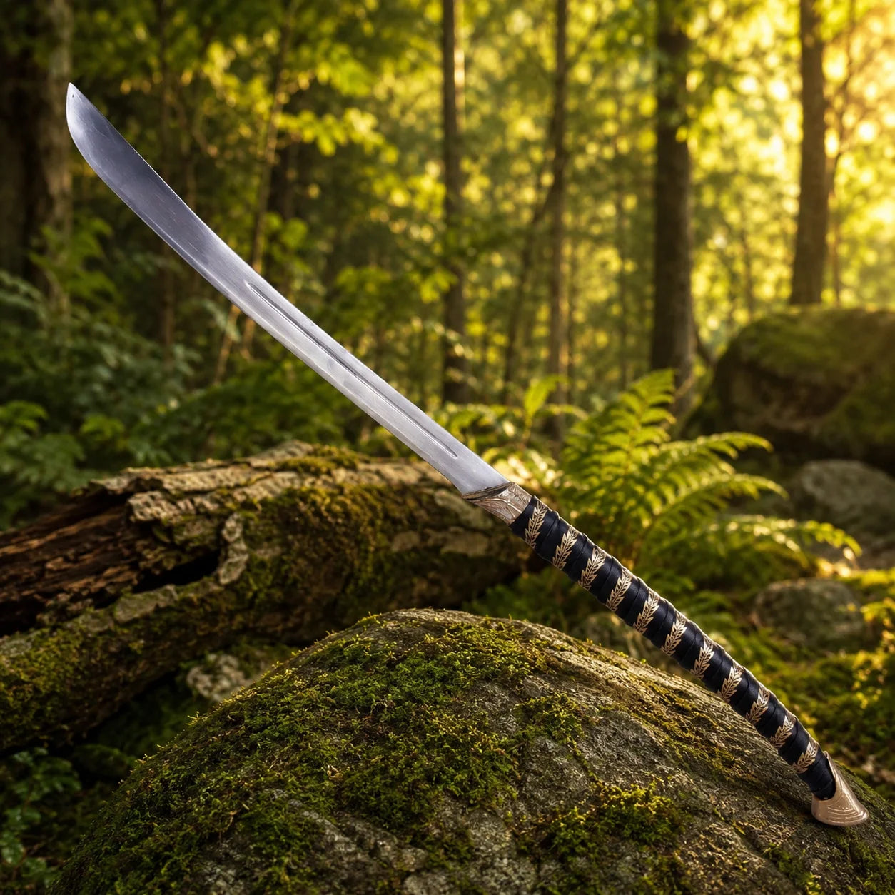High Elven Warrior sword prop replica held aloft in gloved hand in sunlit forest showing full curved polished silver Elvish blade with central fuller black leather grip with gold leaf bands and gold triangular pommel – LOTR cosplay prop