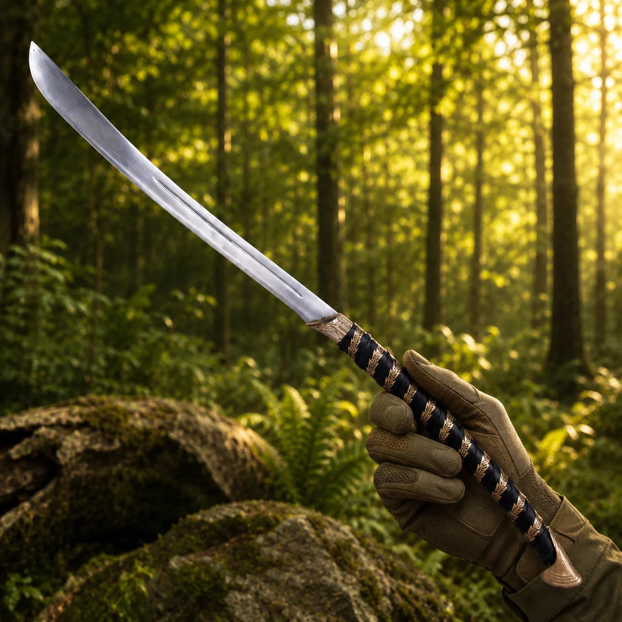 High Elven Warrior sword prop replica full length on mossy rocks in sunlit forest alternate angle showing complete curved polished silver Elvish blade black leather grip with gold Elvish leaf bands and large ornate gold triangular pommel – LOTR Middle-earth fan gift