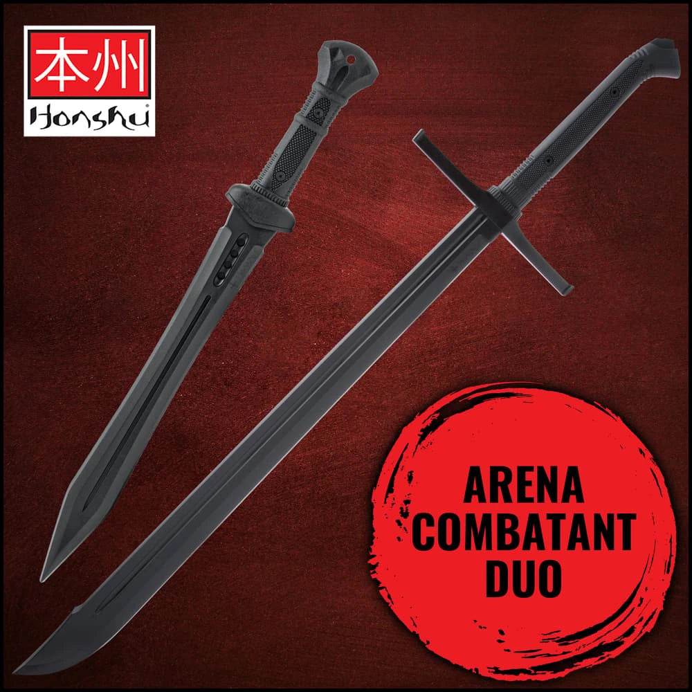 Honshu Arena Combatant Duo full set flat lay – black sword and dagger display collectible