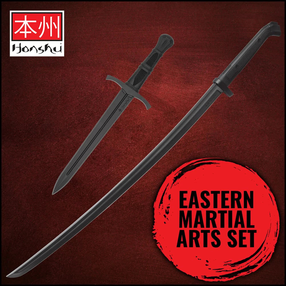Honshu Eastern Martial Arts Set full two-piece display – black katana and training dagger collectible