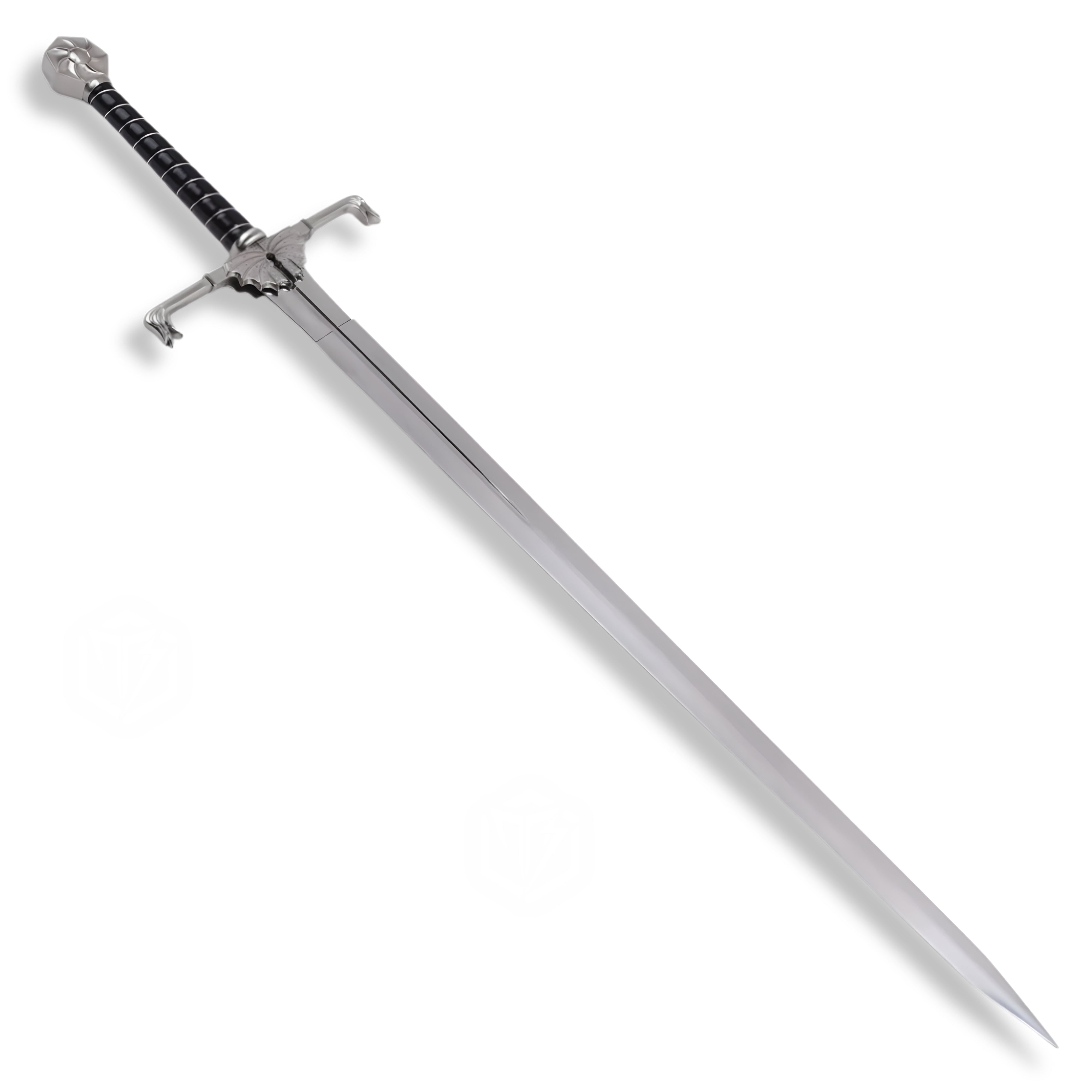 House of the Dragon replica sword – Targaryen dragon blade with Valyrian steel finish, dragon-wing guard, black leather hilt, and ruby sun pommel | Official Game of Thrones collectible for cosplay and display