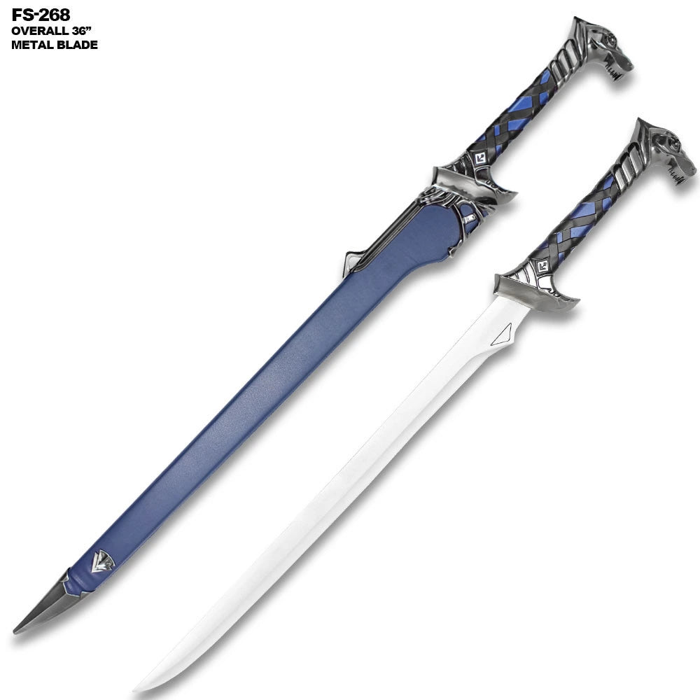 Premium Ice Fantasy Sword display collectible showcasing detailed stainless steel craftsmanship, decorative frost-inspired styling, and a blue hardwood scabbard for wall displays and collector showcases.