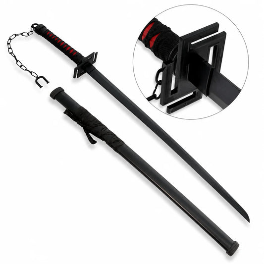Ichigo Tensa Zangetsu prop replica leaning on log in forest – Bleach anime wall display collectible gift