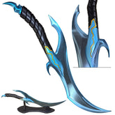 Kamish's Wrath Solo Leveling replica dagger with vibrant blue blade, gold wave accents, and dual-pronged guard — multi-angle closeup view on white background