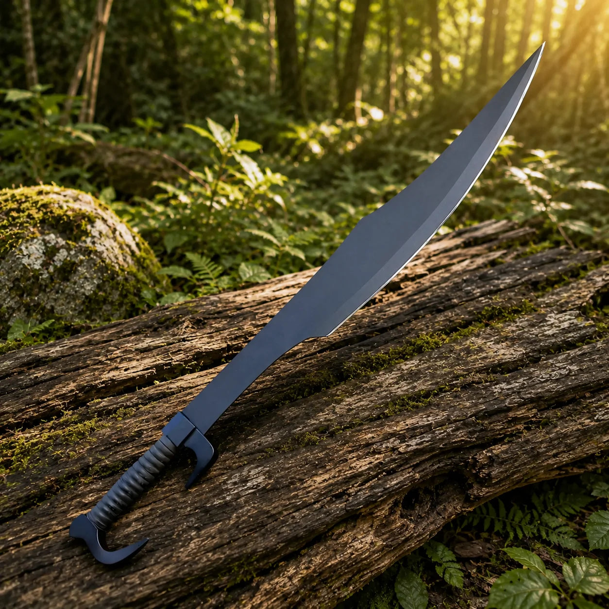 Side profile of King Leonidas Spartan Sword Replica 300 on a log surrounded by forest greenery