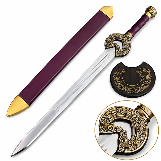 King Theoden Herugrim LOTR decorative display replica sword with plum and brass scabbard on a rustic rock background for collector fantasy decor