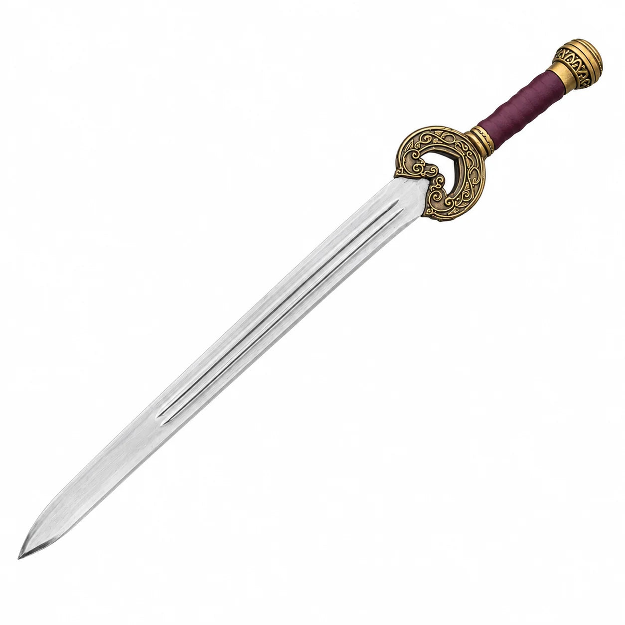 King Theoden Herugrim LOTR decorative display replica sword with plum and brass scabbard on a rustic rock background for collector fantasy decor