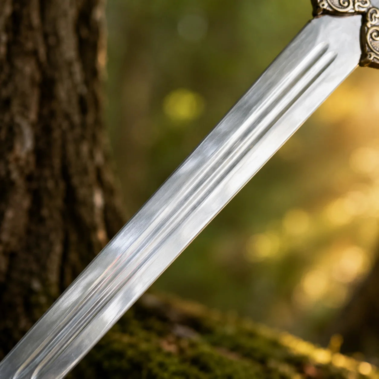 King Theoden Herugrim LOTR decorative display replica sword with plum and brass scabbard on a rustic rock background for collector fantasy decor