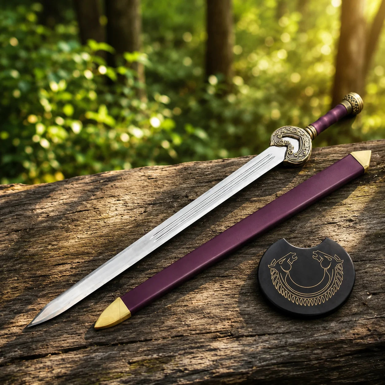 King Theoden Herugrim LOTR decorative display replica sword with plum and brass scabbard on a rustic rock background for collector fantasy decor