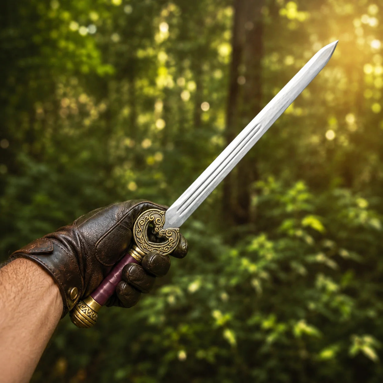 King Theoden Herugrim LOTR decorative display replica sword with plum and brass scabbard on a rustic rock background for collector fantasy decor