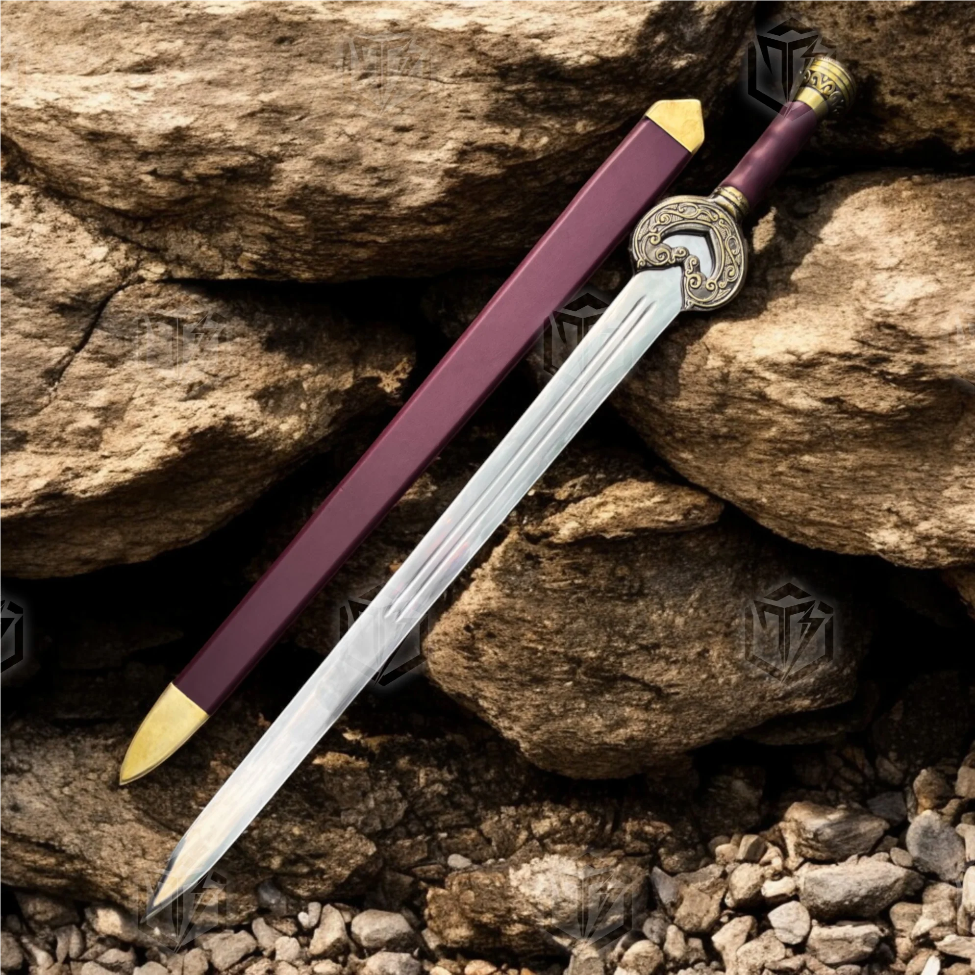 Premium King Théoden’s Herugrim Rohan Valor Sword Replica LOTR with Mahogany Plaque Stand