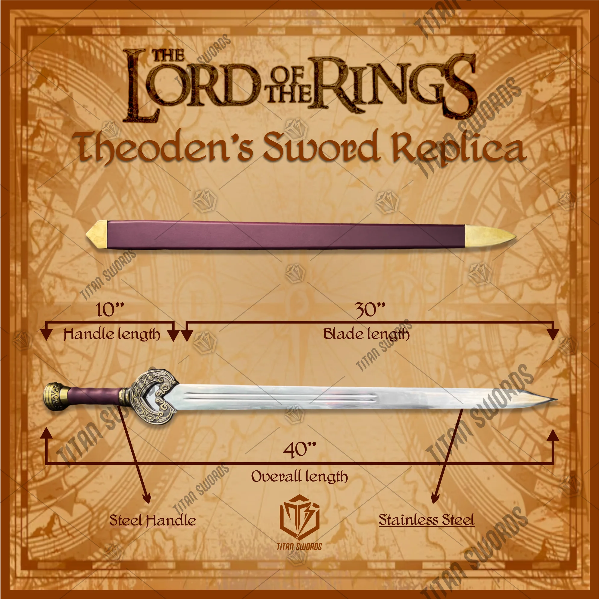 Premium King Théoden’s Herugrim Rohan Valor Sword Replica LOTR with Mahogany Plaque Stand
