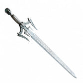 Luciendar sword prop replica hilt close-up – engraved fantasy guard with green gemstone pommel collectible