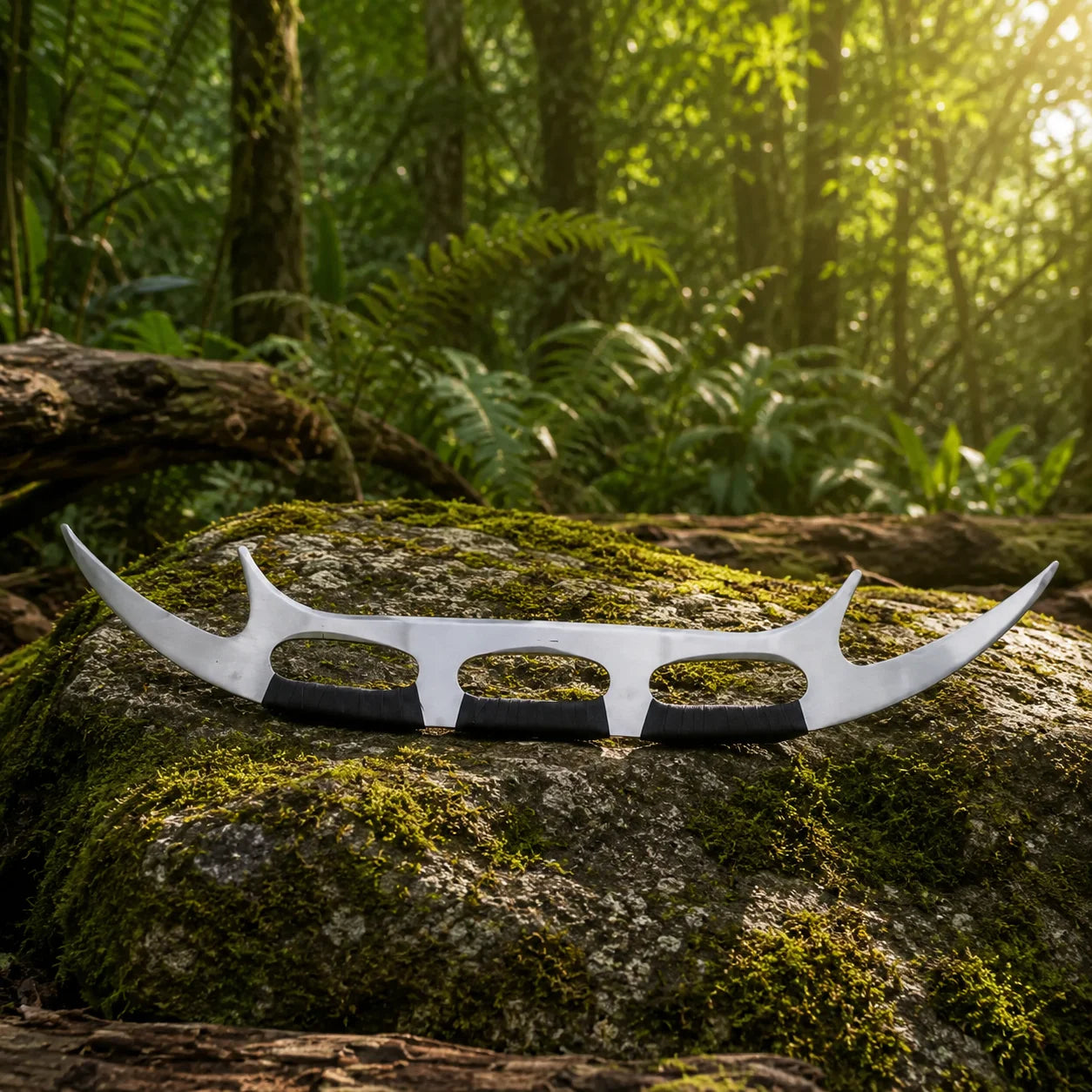 Front view of Klingon Bat'leth prop replica in forest setting – Star Trek wall display collectible