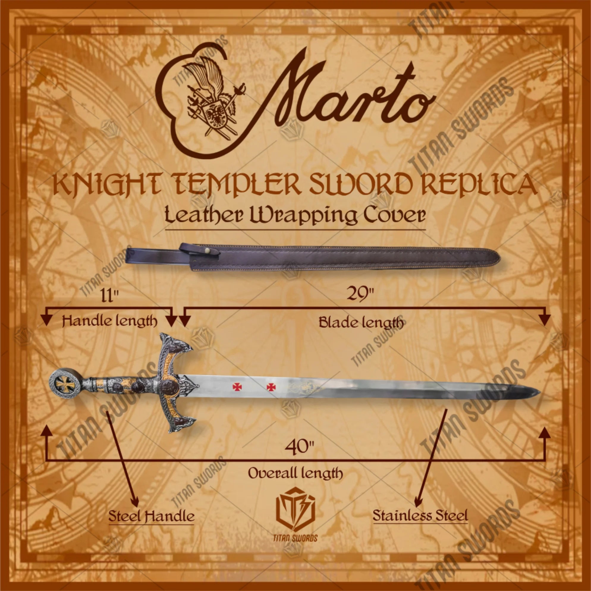 Premium Knights Crusader Templar Sword Replica with Templar cross engravings.