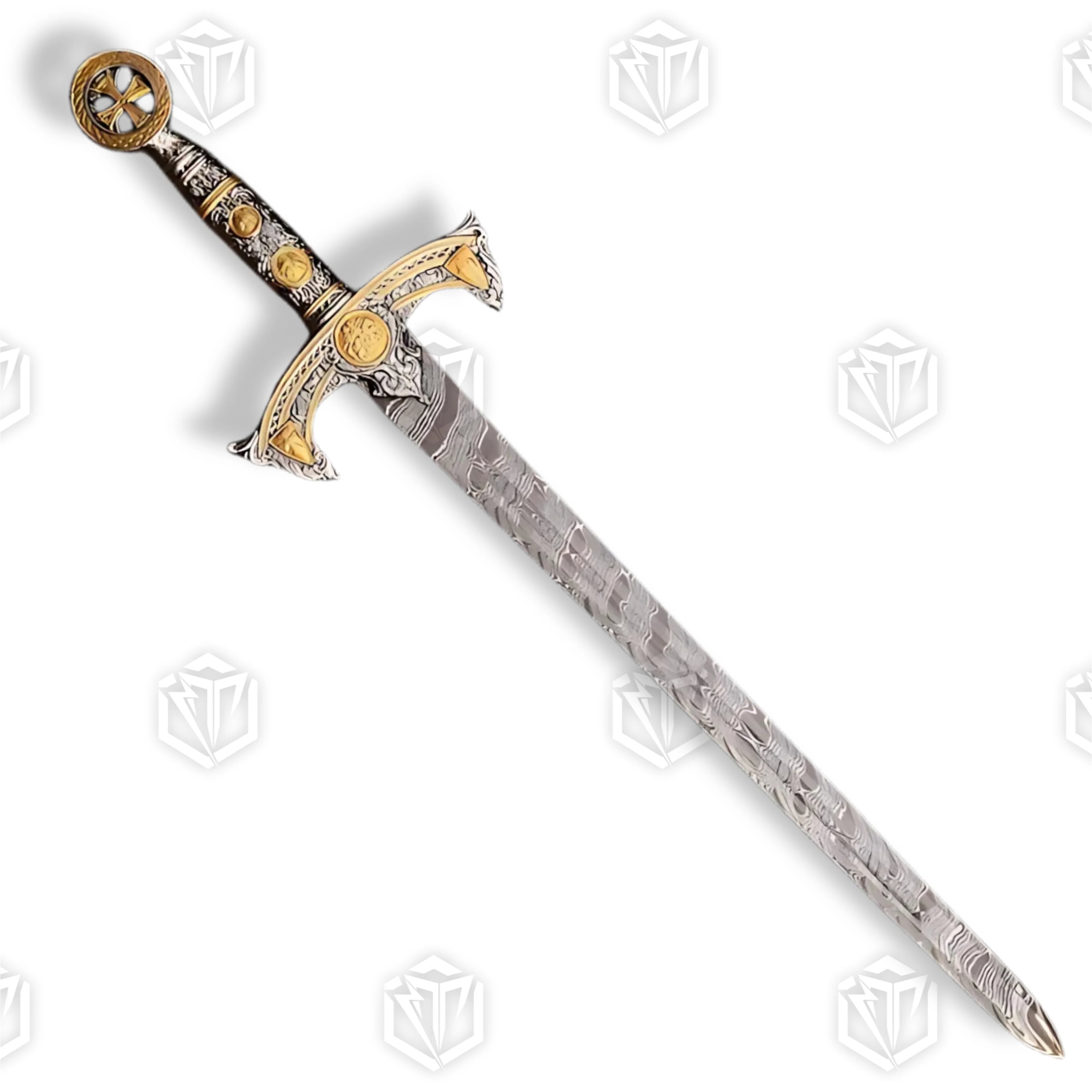 Premium Knights Templar Damascus Longsword Replica with Templar cross engravings.