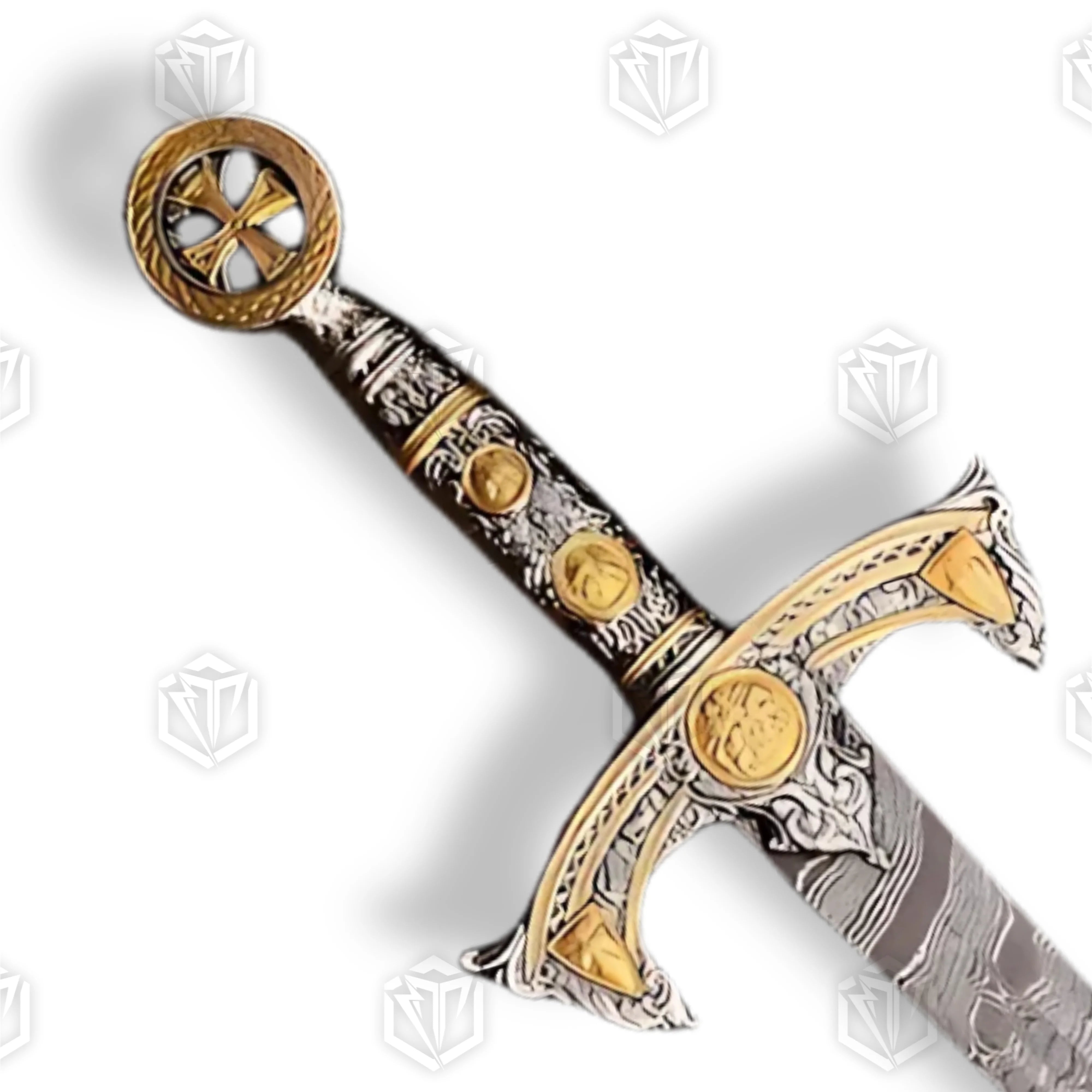Premium Knights Templar Damascus Longsword Replica with Templar cross engravings.