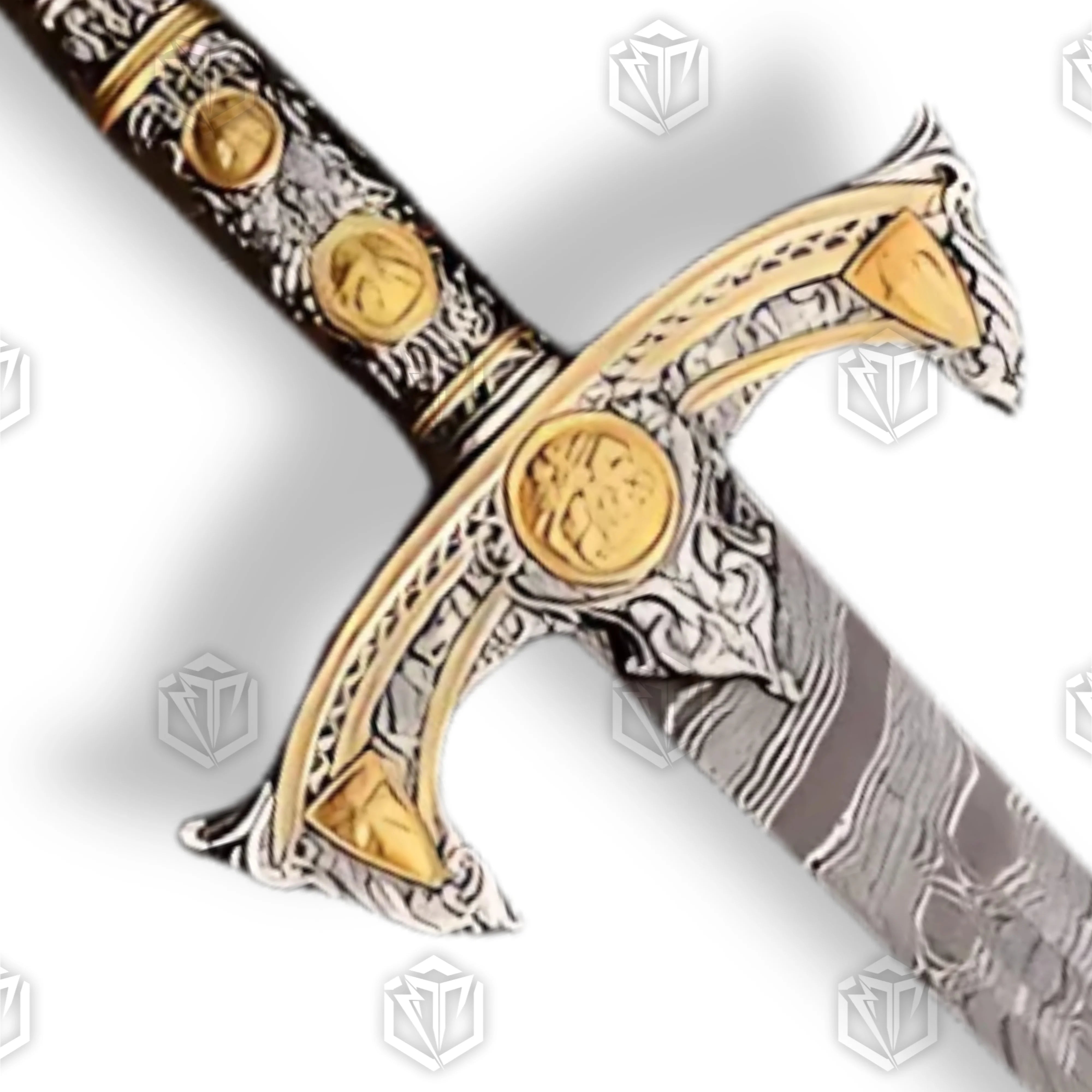 Premium Knights Templar Damascus Longsword Replica with Templar cross engravings.