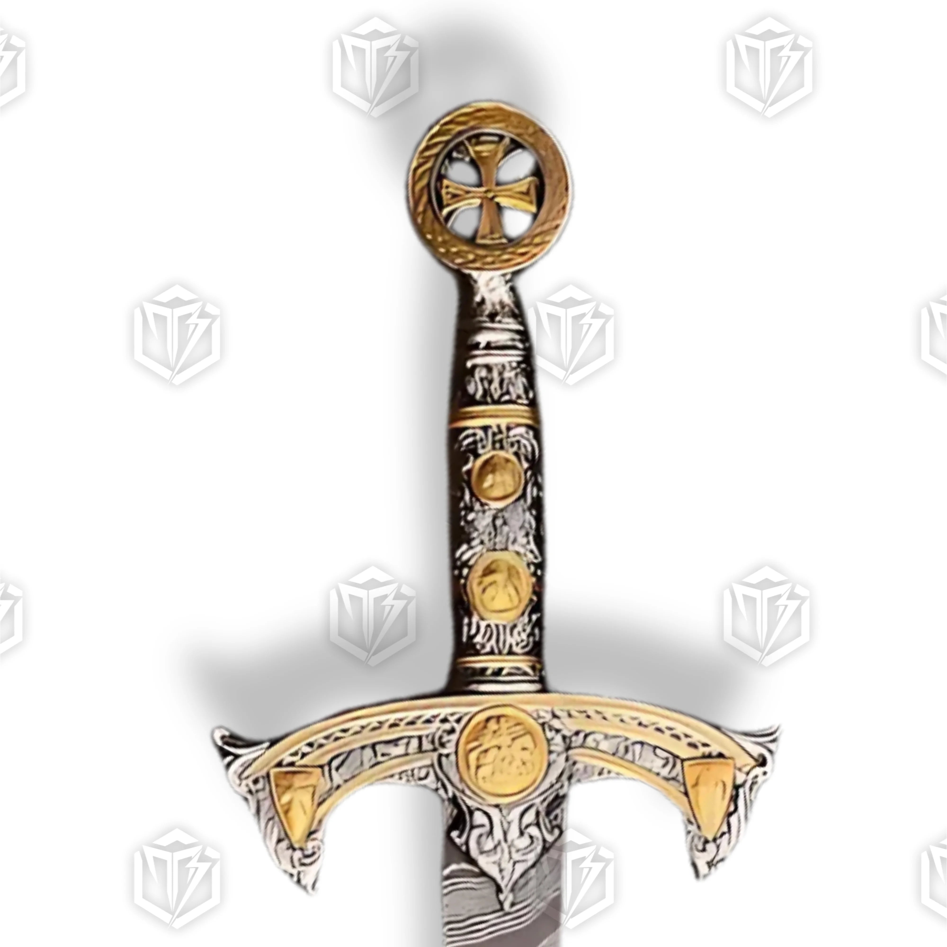 Premium Knights Templar Damascus Longsword Replica with Templar cross engravings.