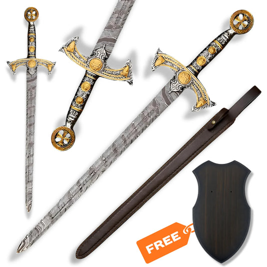 Knights Templar Damascus longsword replica with patterned steel blade, ornate gold and silver hilt, brown sheath and wooden wall display plaque