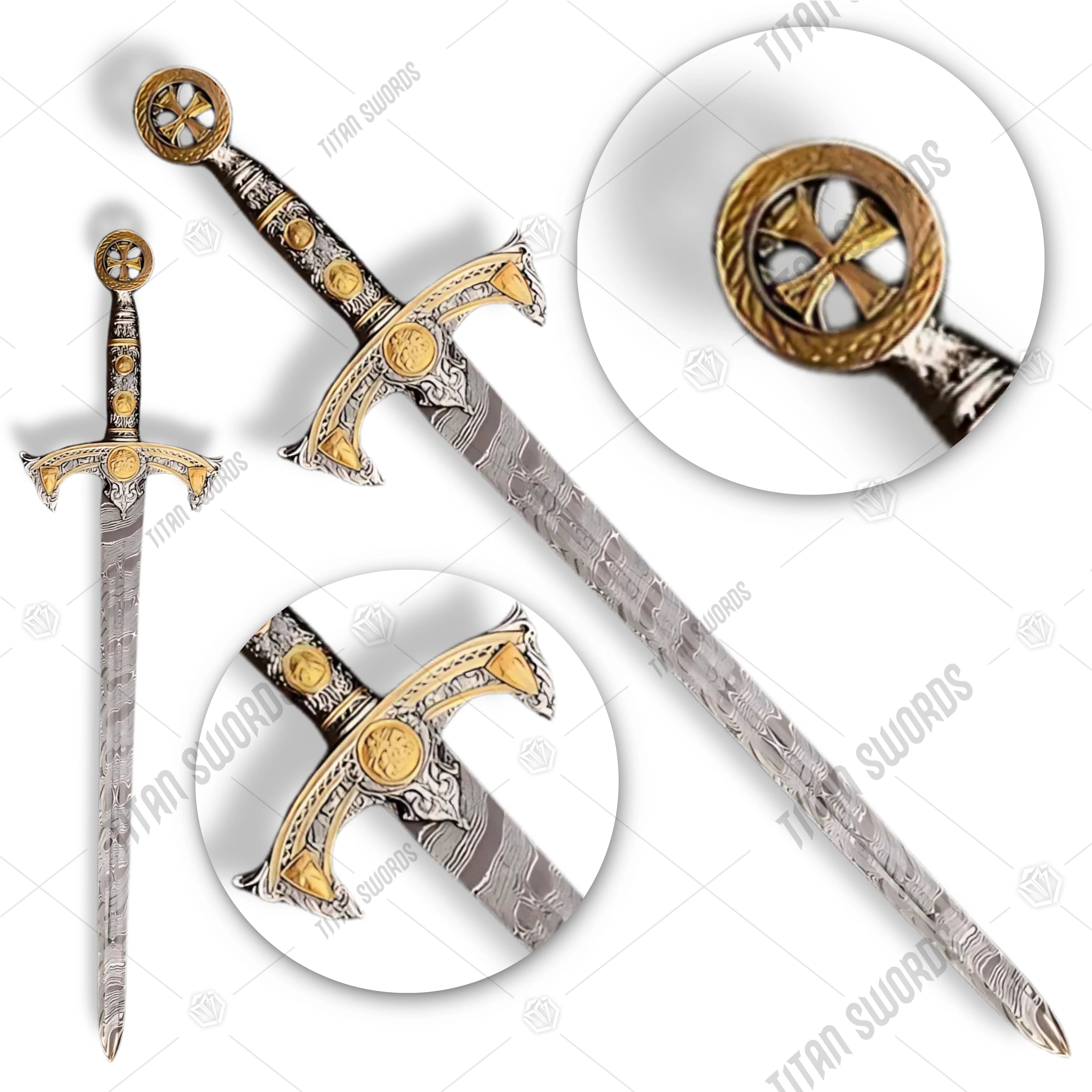 Premium Knights Templar Damascus Longsword Replica with Templar cross engravings.