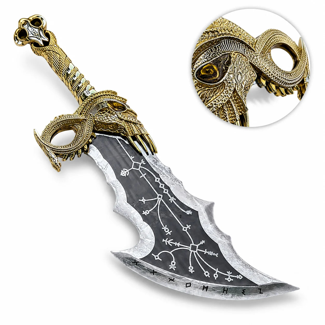 Kratos cosplay prop replica Blades of Chaos resting on mossy rock sunlit forest