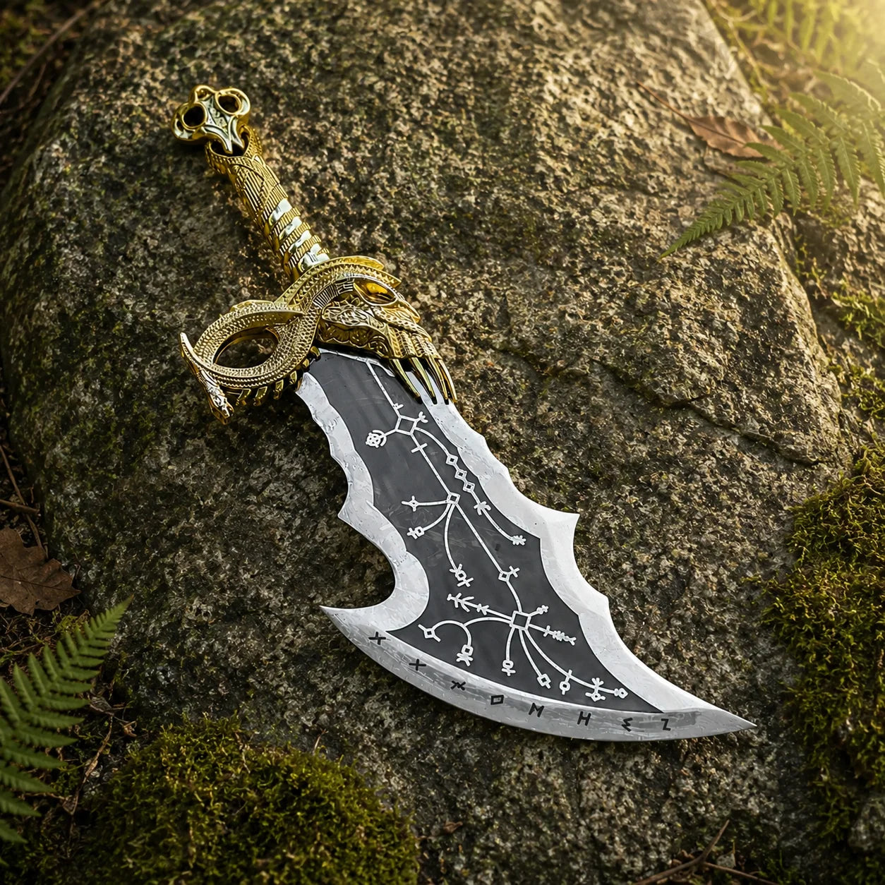 God of War Kratos prop replica Blades of Chaos flat lay on stone surface outdoor display