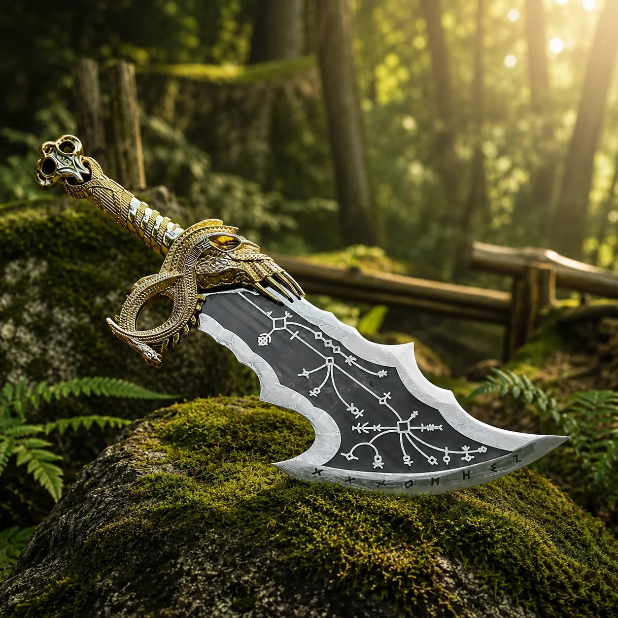 Kratos Blades of Chaos prop replica full view white background gold handle rune-etched blade