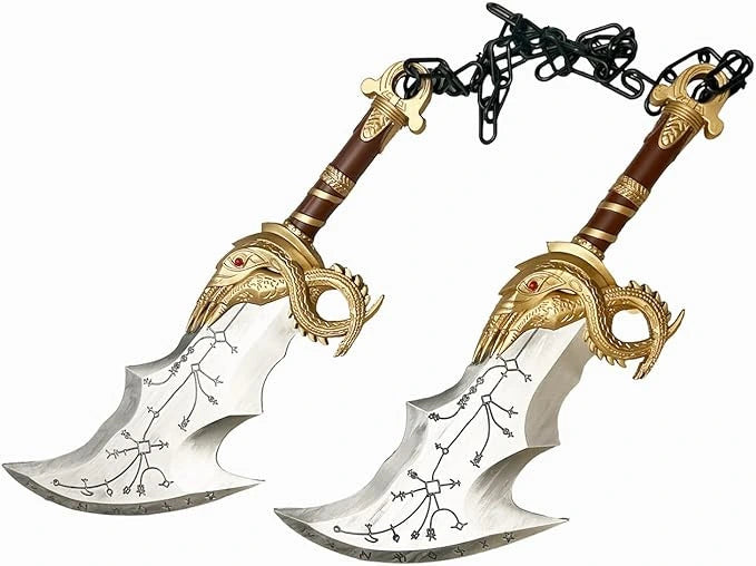 Close-up of the Kratos Blades of Chaos Foam Set showcasing the detailed engraved blade design, textured handles, decorative display finish, and iconic chained appearance inspired by God of War.