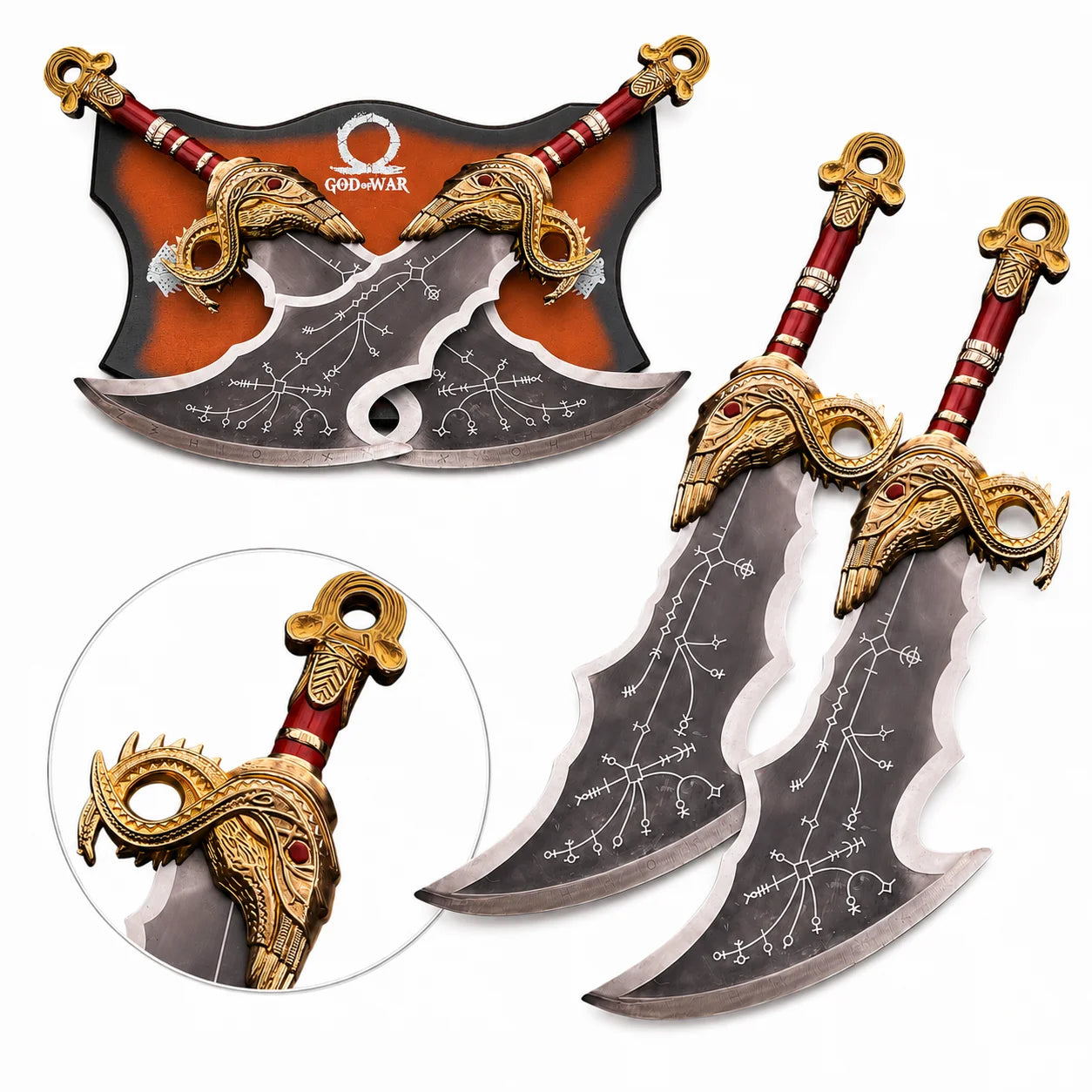 Kratos Blade of Chaos God of War prop replica displayed on mossy rock in sunlit jungle showing full curved dark blade with white runic constellation engravings ornate gold eagle crossguard and red handle
