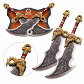 Kratos Blade of Chaos God of War prop replica displayed on mossy rock in sunlit jungle showing full curved dark blade with white runic constellation engravings ornate gold eagle crossguard and red handle
