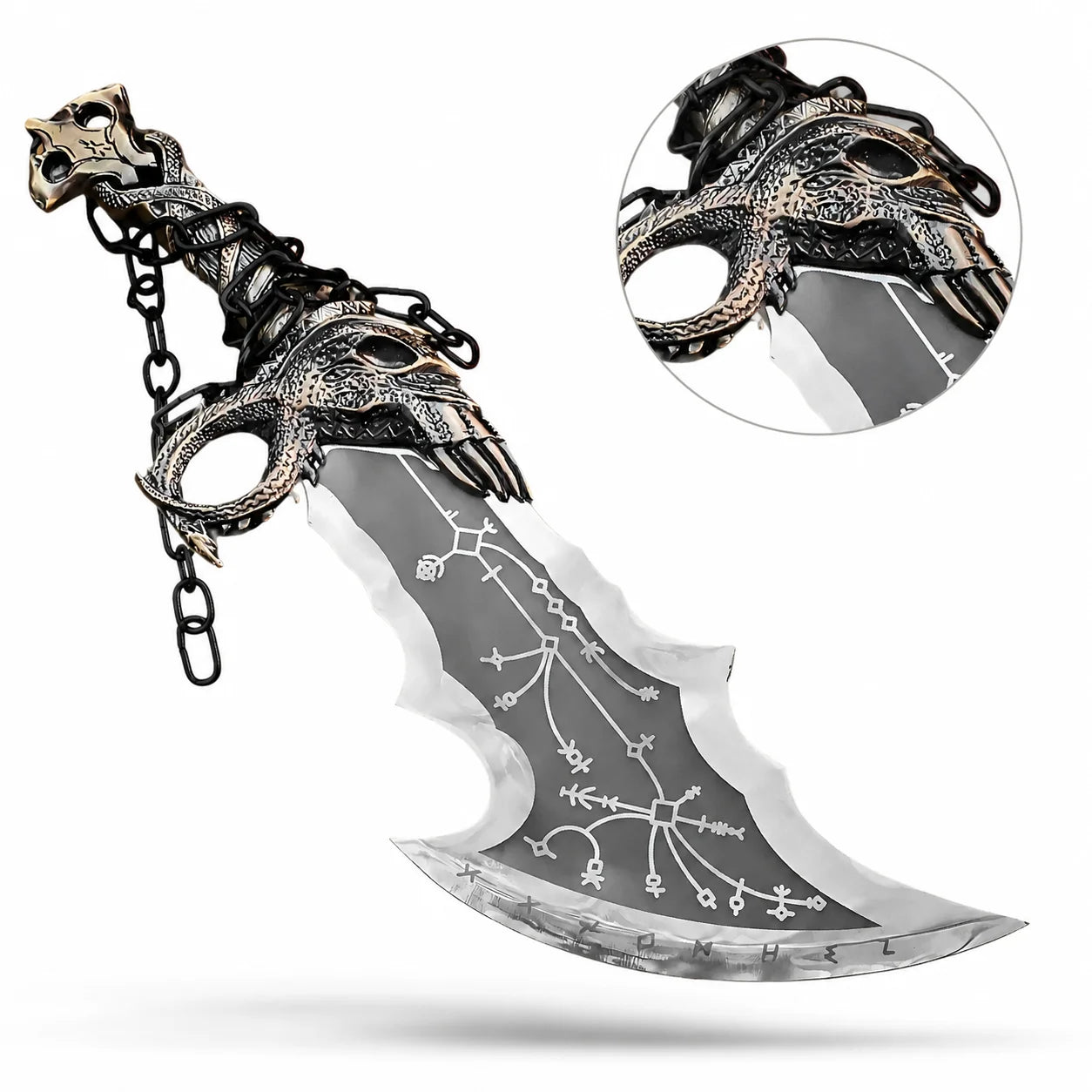 Close-up of Kratos Blades of Chaos prop replica blade with etched rune engravings – God of War display collectible