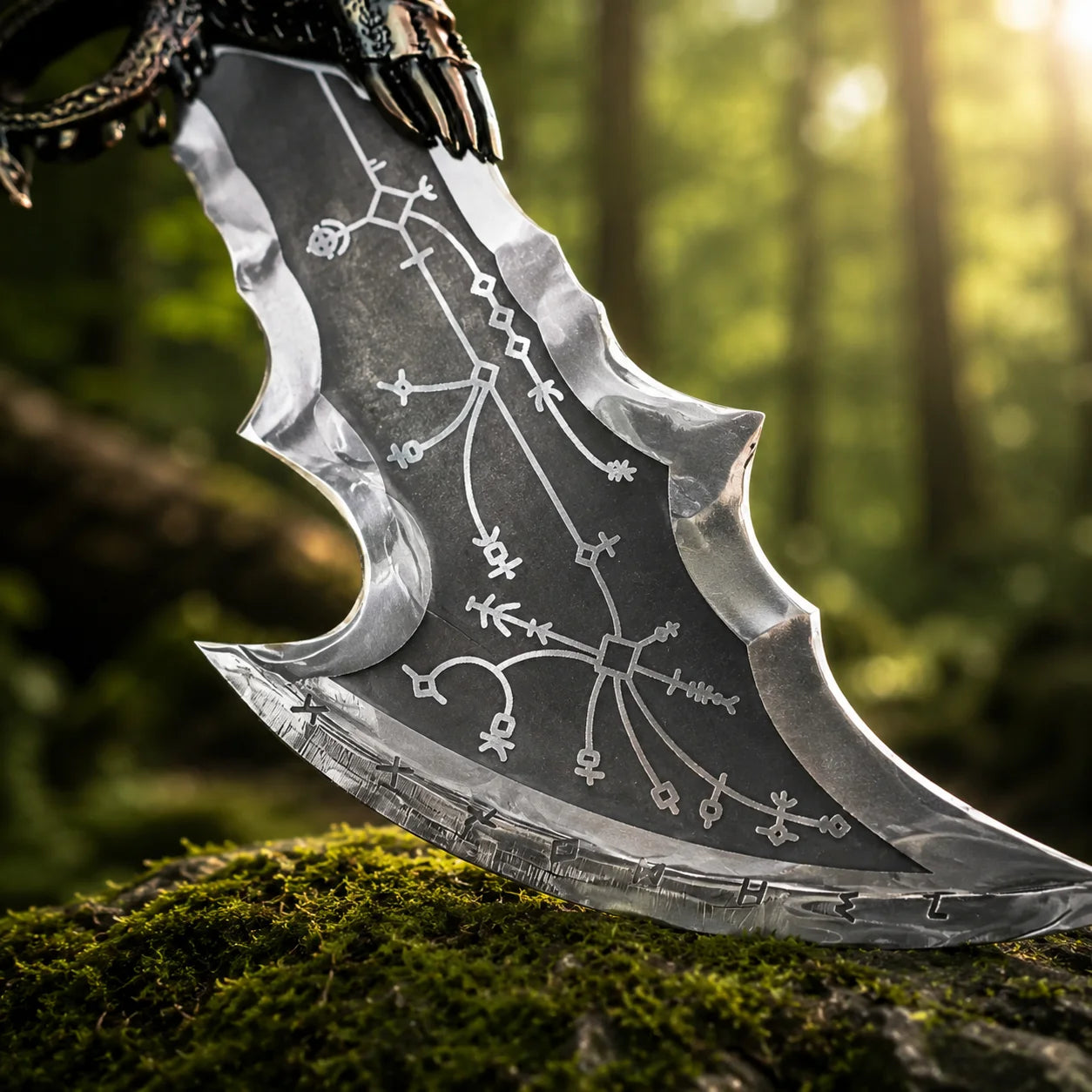 Kratos Blades of Chaos fan-inspired prop replica displayed on mossy rock in forest setting – God of War collectible