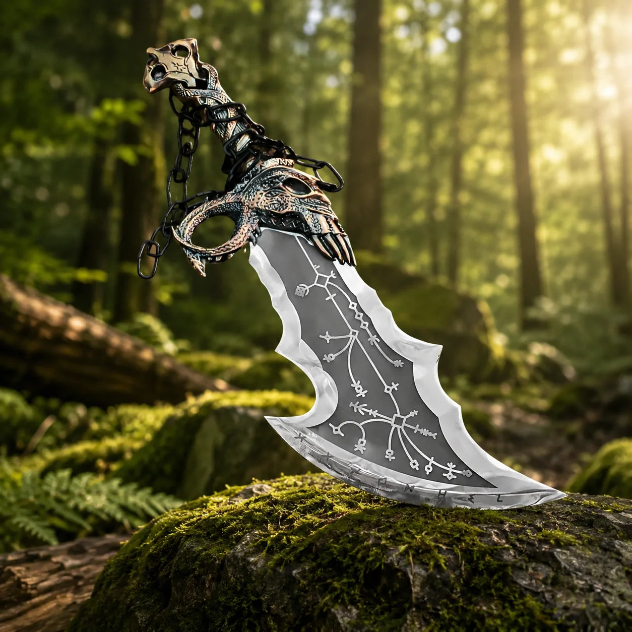 Detailed view of Blades of Chaos prop replica handle with decorative skull guard and black chain – God of War cosplay prop