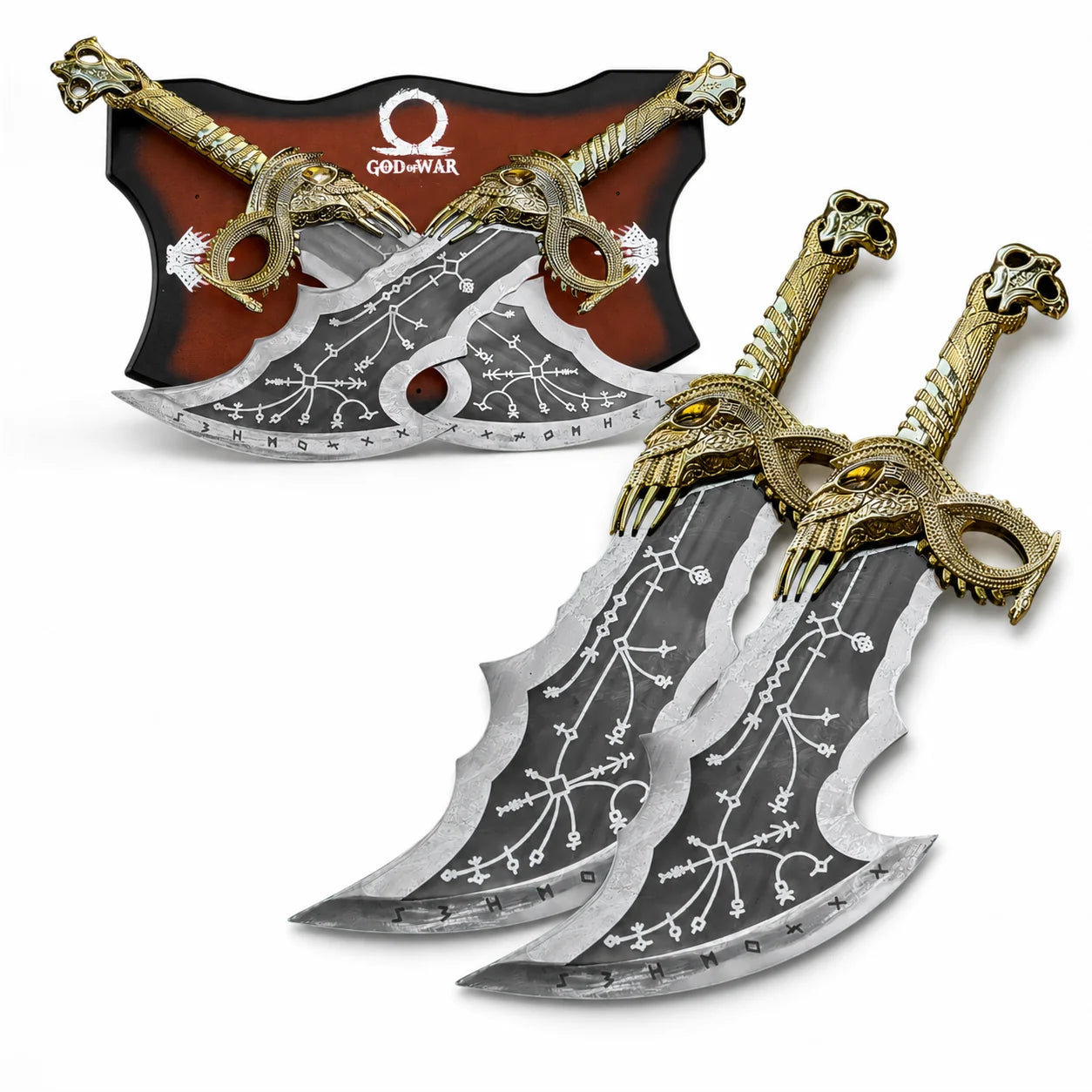 Kratos gold Blades of Chaos God of War prop replica complete set on white background showing twin dark runic-engraved blades with ornate gold dragon-eagle crossguards amber gemstone eyes and skull pommels displayed on red and black God of War wall mount plaque with Omega logo