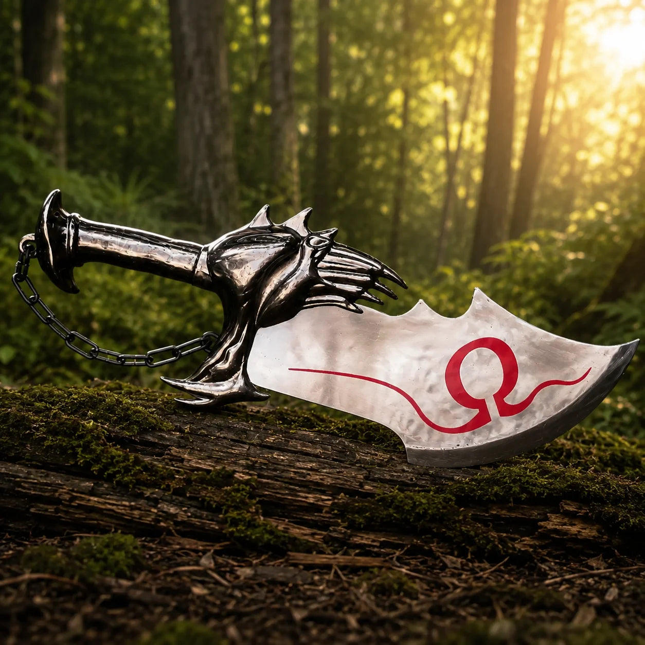Kratos Blades of Chaos fan-inspired prop replica standing upright on mossy rock