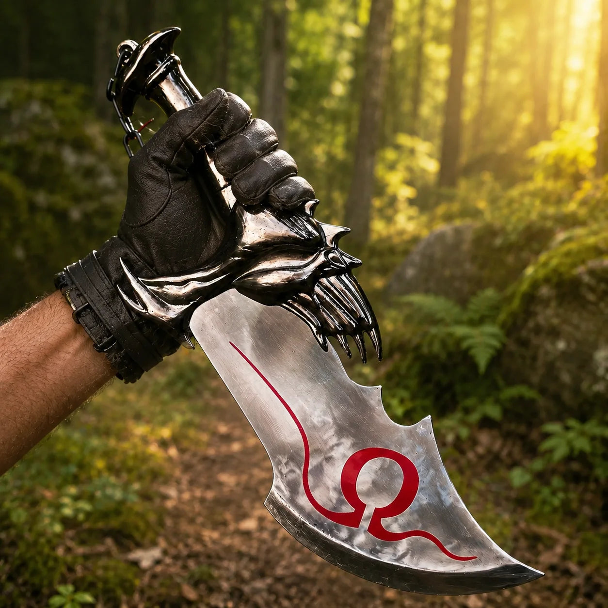 God of War Chaos Blades display collectible flat lay on mossy stone with Omega symbol detail