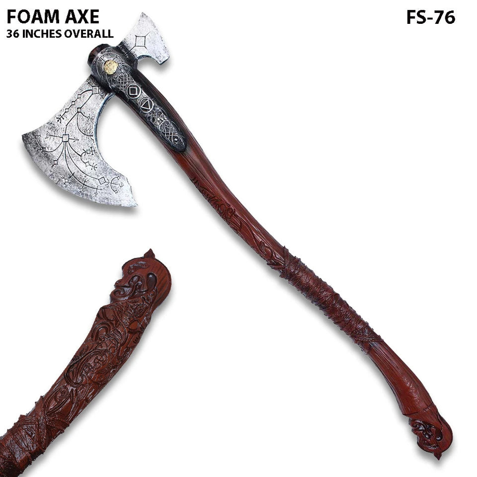 Kratos Leviathan Axe Foam God of War display collectible crafted from premium high-density foam with detailed Nordic engravings, realistic decorative finish, and collector-quality craftsmanship for gaming enthusiasts and cosplay displays.