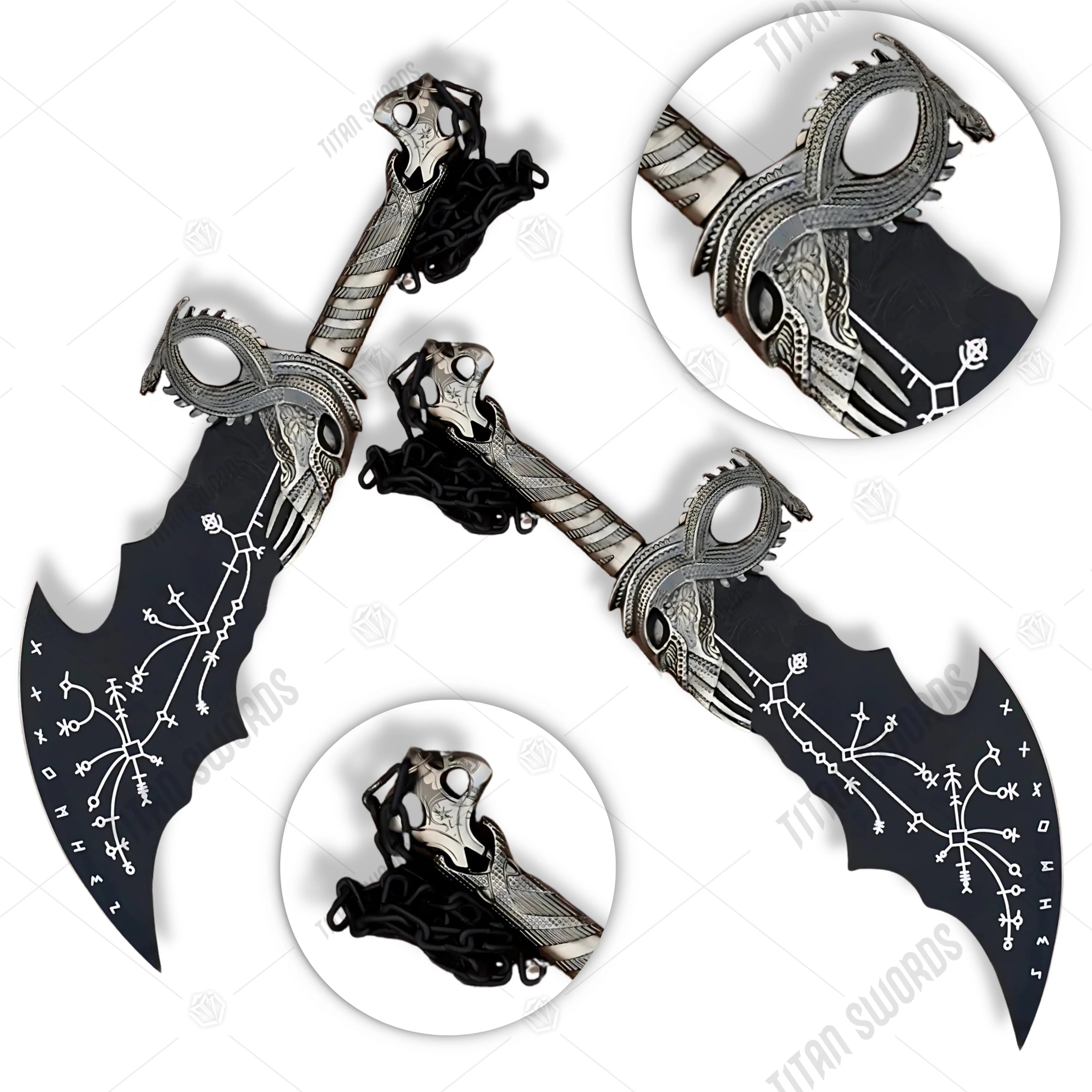 Kratos Norse black Blade of Chaos God of War prop replica displayed upright against mossy log in sunlit forest showing full matte black runic-engraved blade with ornate silver dragon skull crossguard black chain and detailed serpent guard in green jungle background