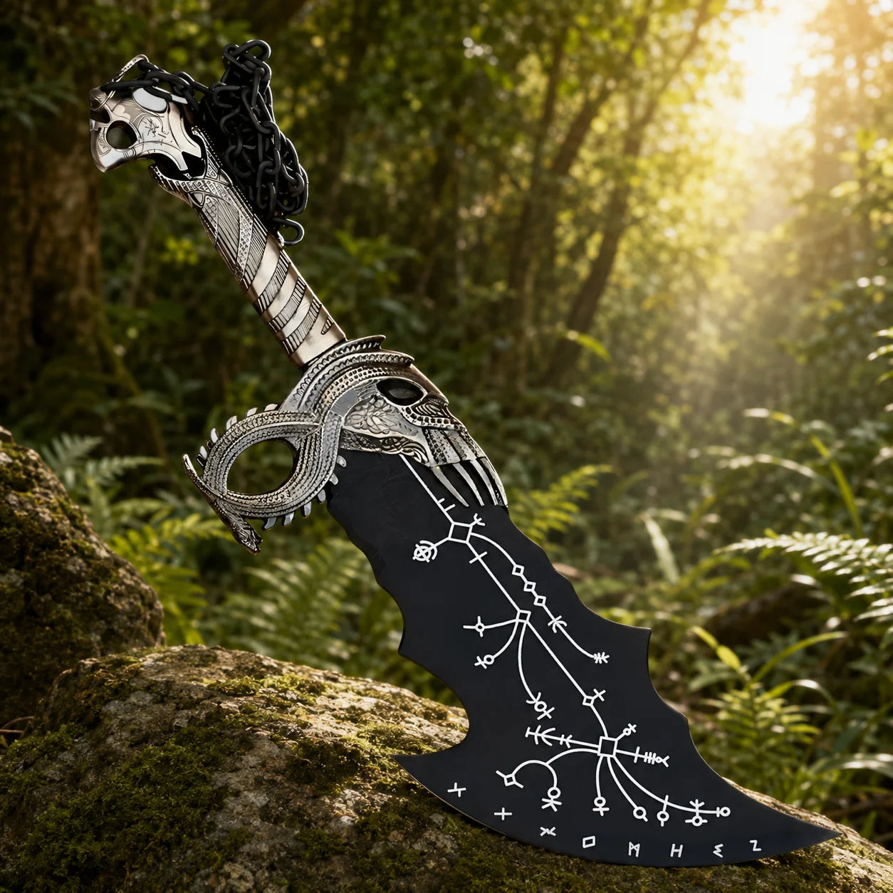 Kratos Blade of Chaos prop replica full view with black display finish and decorative chain – God of War collectible