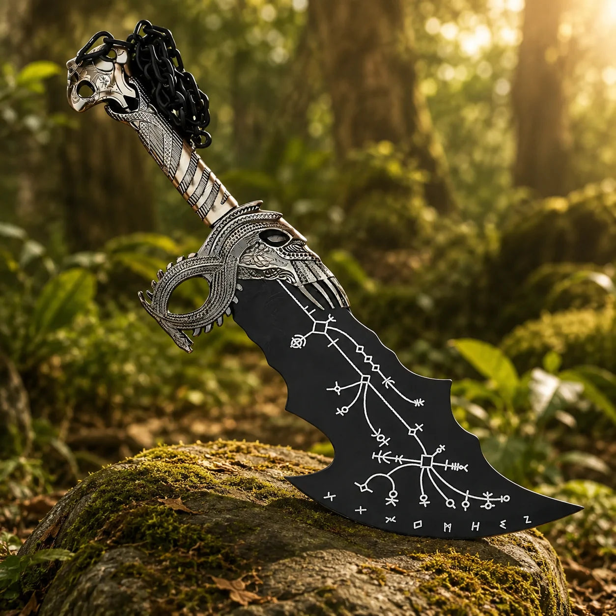 Kratos Blade of Chaos decorative prop replica resting on mossy log – God of War fan collectible display piece