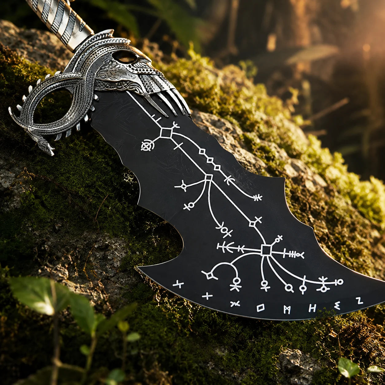 God of War Blade of Chaos prop replica angled view on rock with forest background – premium display collectible