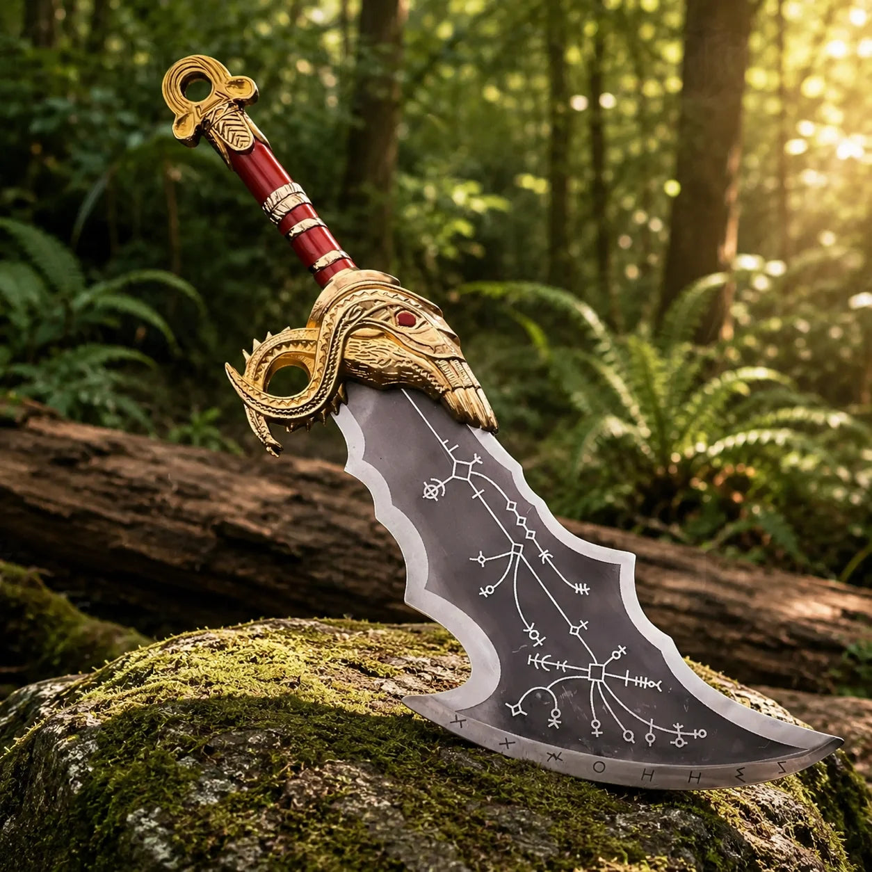 God of War Blades of Chaos fan-inspired prop replica displayed on mossy rock in forest setting