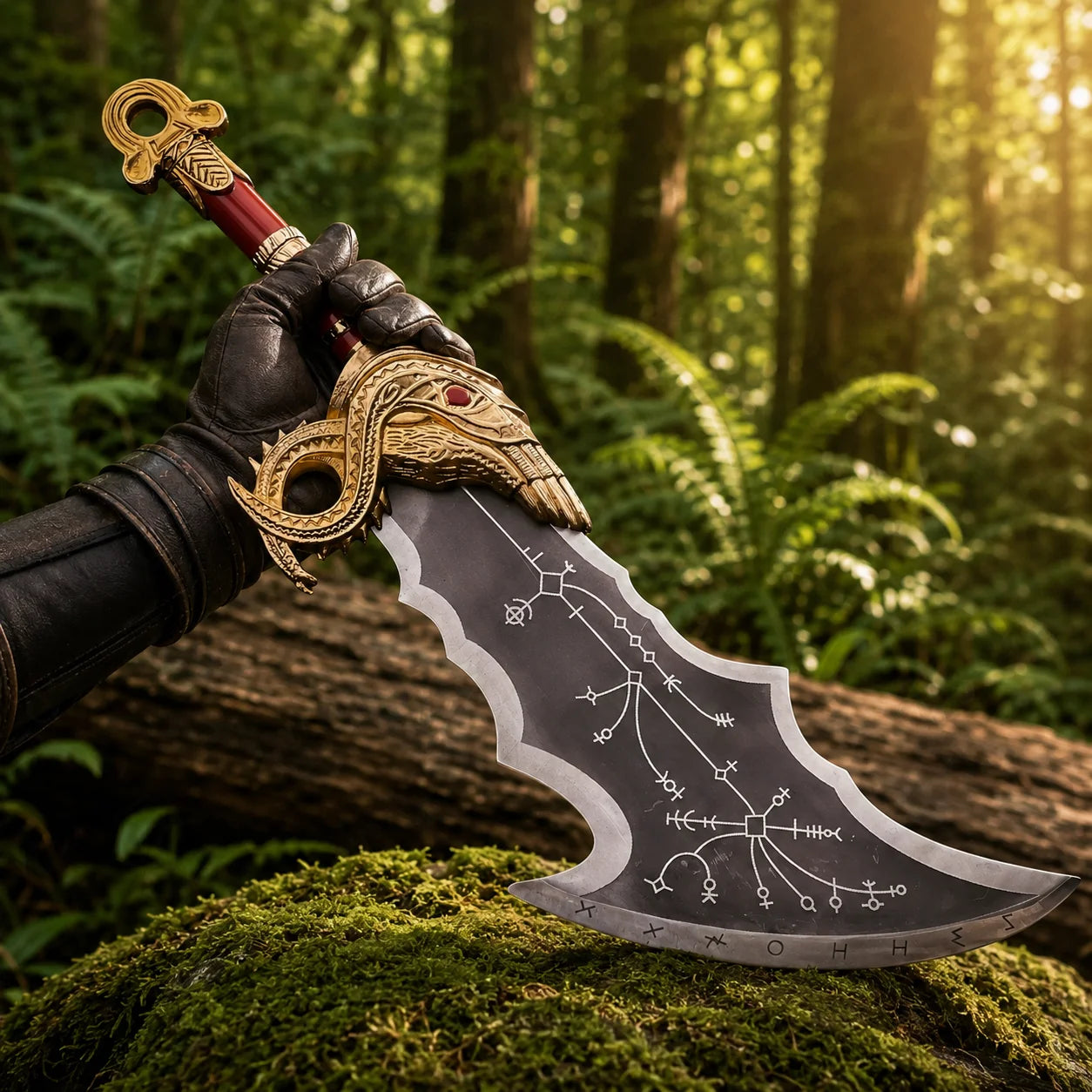 Kratos Blades of Chaos display collectible prop replica resting on mossy stone – God of War