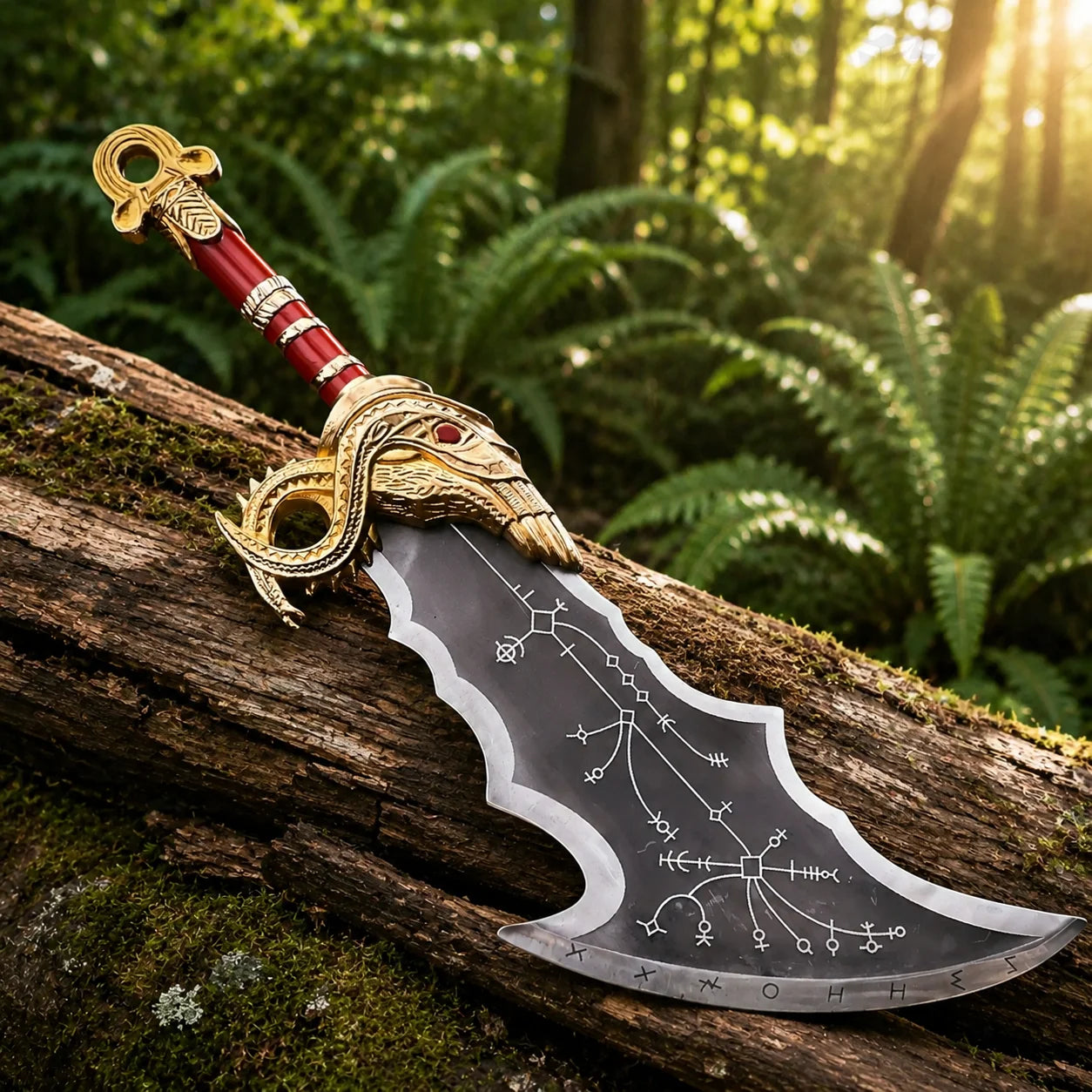 God of War Blades of Chaos prop replica full view on stone surface with Norse rune engravings