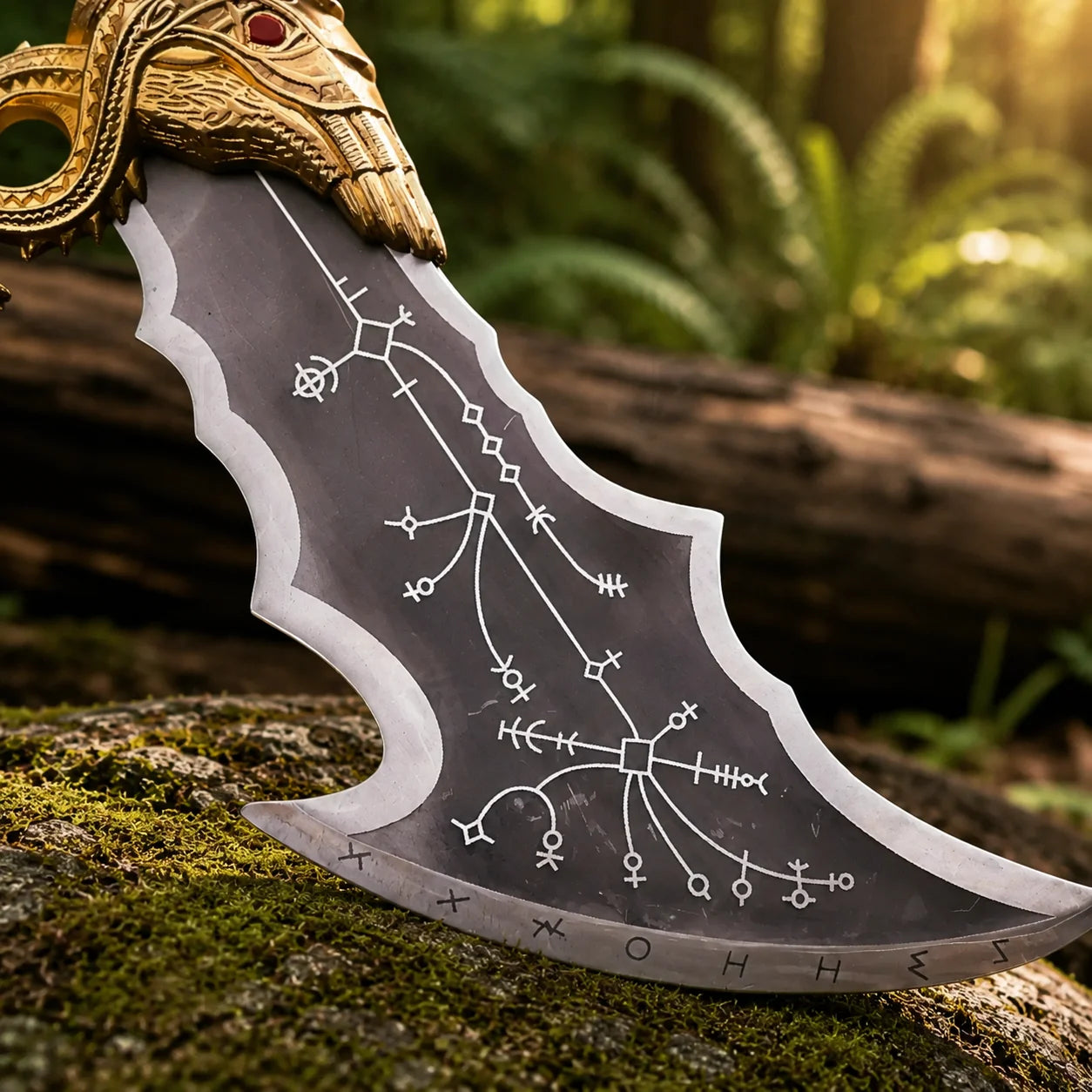 Kratos Blades of Chaos prop replica with gold dragon guard and runic blade – God of War display collectible