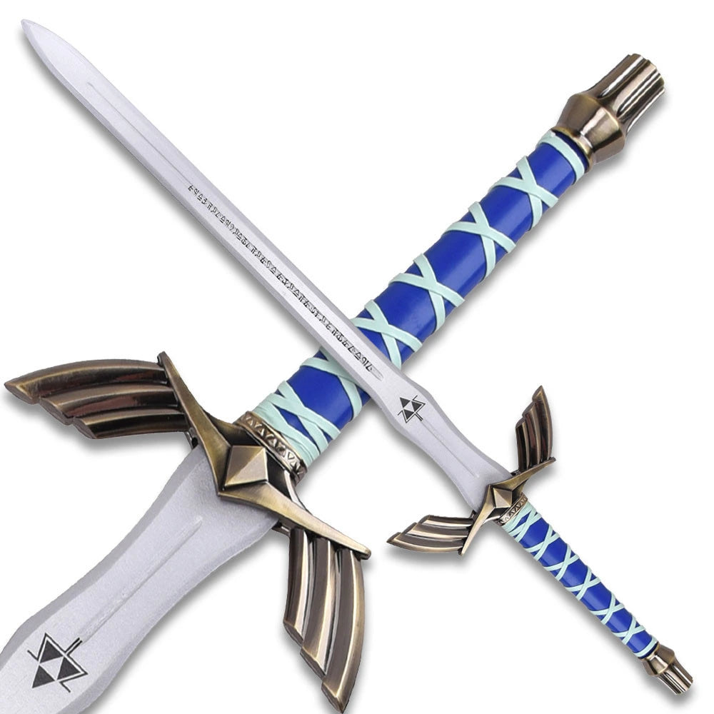 Close-up detail view of Legend of Zelda Master Sword wooden training sword showing blue and gold Hylian scabbard with Triforce symbol engraving
