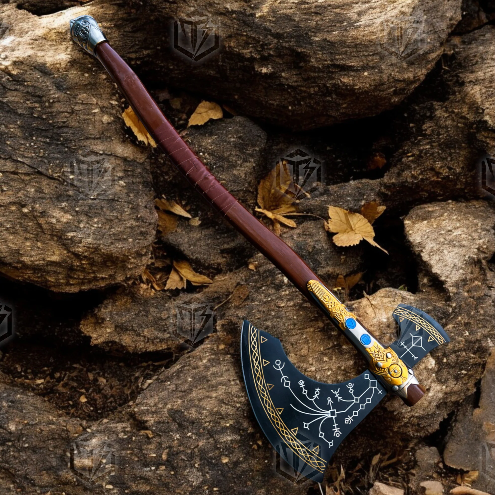 Premium Leviathan Axe Kratos Replica God of War with Walnut Stand