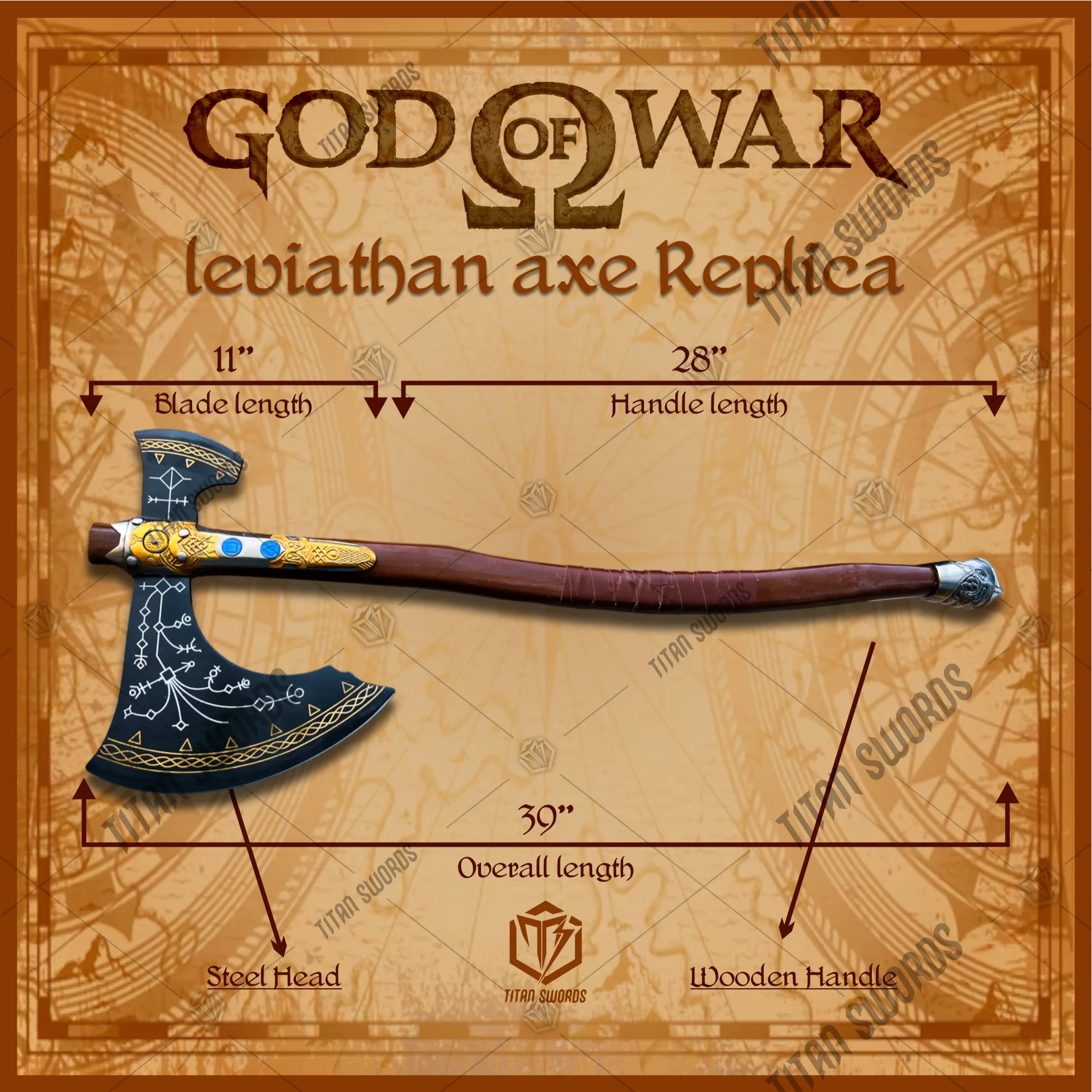 Premium Leviathan Axe Kratos Replica God of War with Walnut Stand
